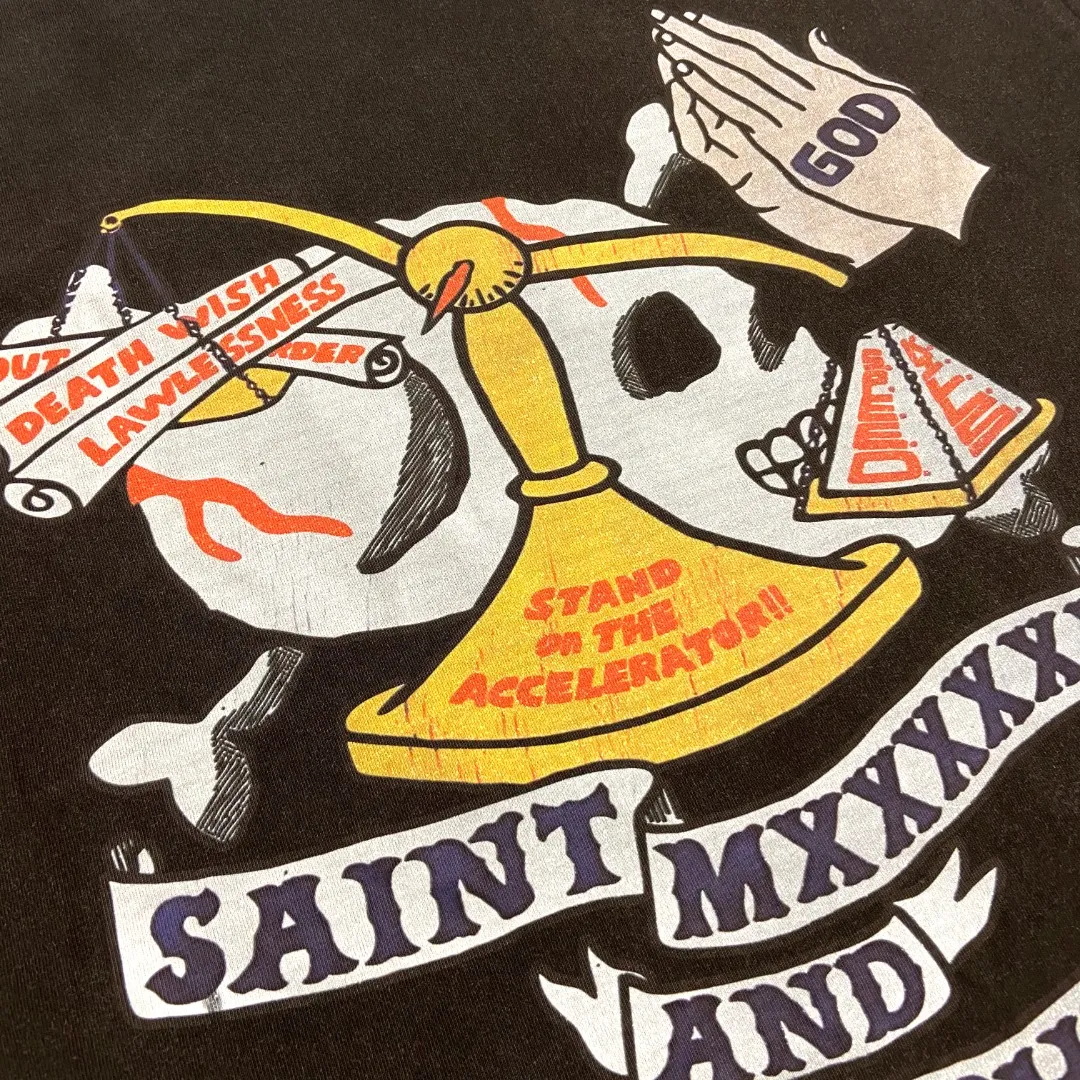American-style Saint Michael "nbhd" co-branded second phase vintage washed and distressed Vintage loose short-sleeved T-shirt. Digital white ink direct printing. The fabric is breathable and the pattern is three-dimensional and clear. Fabric: Double yarn 240g Style number: S863 Size: S-M-L-XL Color: Washed black Price: P118